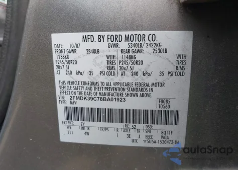 2008 Ford Edge Limited из США, поврежденный, VIN 2FMDK39C78BA01923